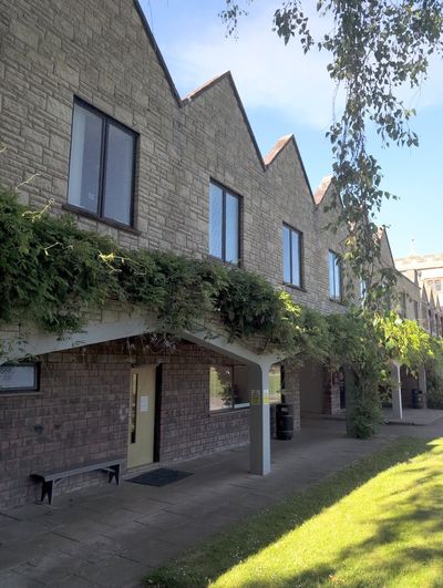 Vine-draped covered walkway beneath zigzag stone gables on a sunny school building.